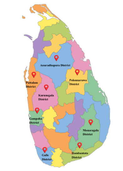Sri Lanka map showing Dasa Dahasak Mee Thuru project coverage