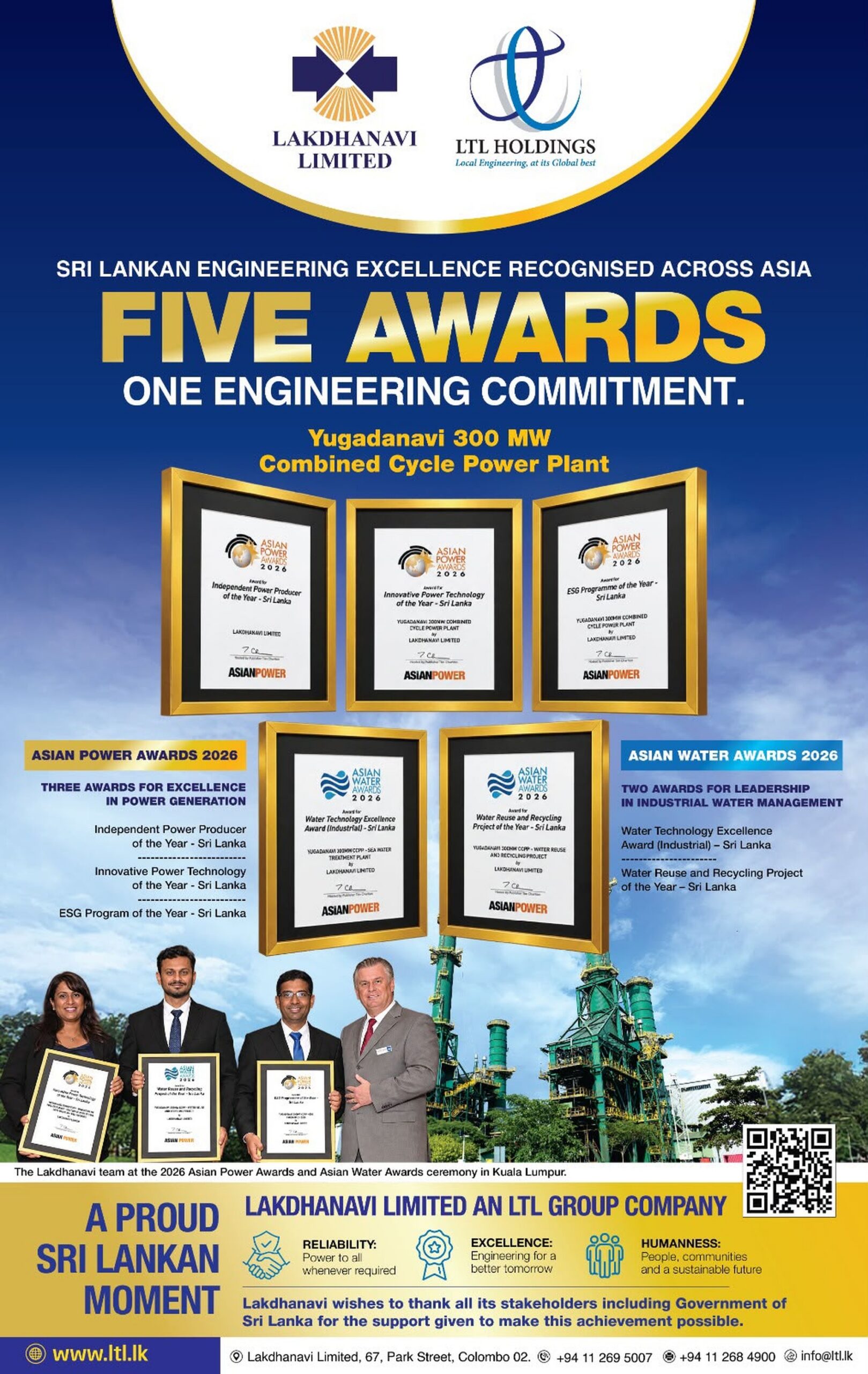 Lakdhanavi representatives receiving five honors at the Asian Power and Asian Water Awards 2026 in Kuala Lumpur, Malaysia