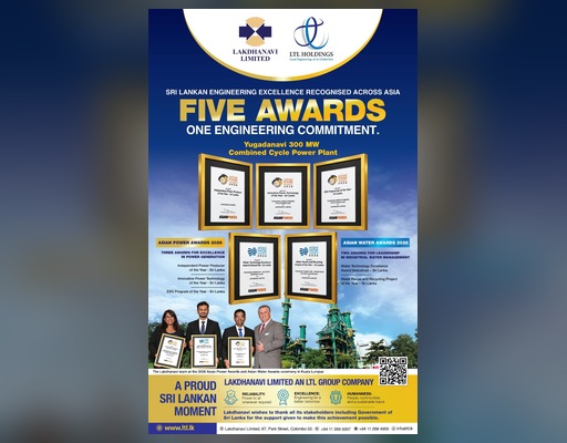 Lakdhanavi representatives receiving five honors at the Asian Power and Asian Water Awards 2026 in Kuala Lumpur, Malaysia